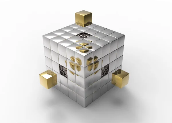 Золотые Кубики Заполняют Пробелы Стопке Серебряных Блоков Сделать Большой Куб — стоковое фото