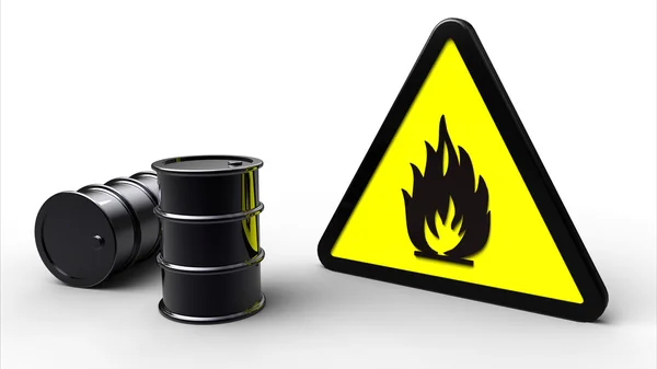 Flammable symbol next to chemical barrels — Stock Photo, Image