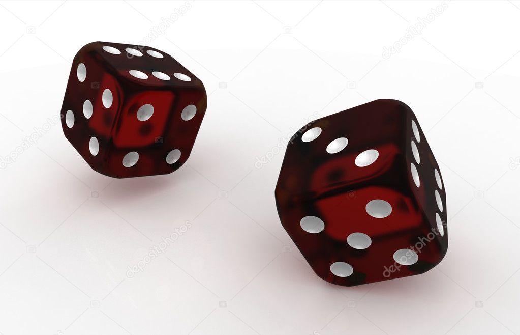 Two red translucent plastic dices isolated on white background