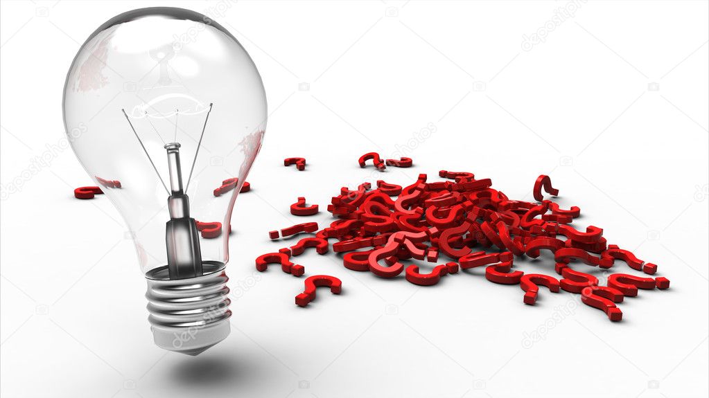 Lightbulb next to a pile of question marks