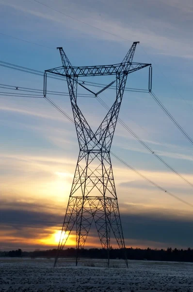 Hög volatge pylone vid solnedgången på vintern — Stockfoto