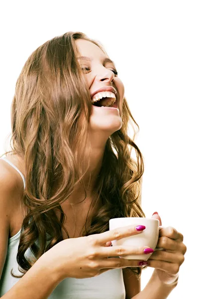 Beautiful Laughing Girl Morning Cup Tea His Hands — Stock Photo, Image