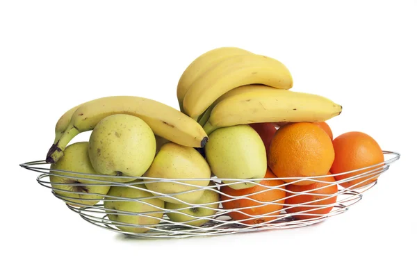 stock image A fruit basket of metal wire isolated on white, profile view.