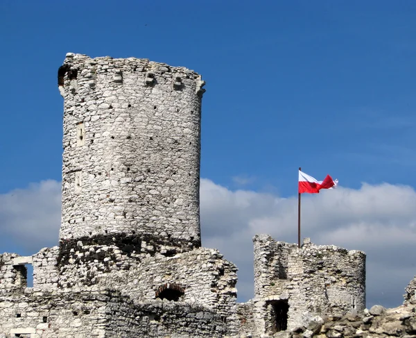 Oude Burchtruïne Van Ogrodzieniec Versterkingen Polen Pools Vlag Hierboven — Stockfoto