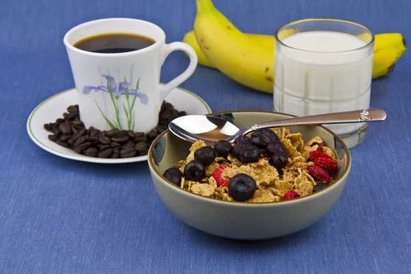 Morning Breakfast Consisting Dark Roast Coffee Fruity Cereal Milk Bananas — Stock Photo, Image