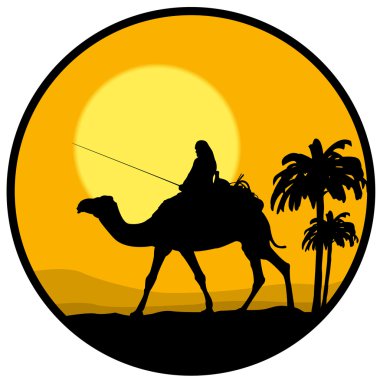 Camel, animal, farm animal, bedouin, nomad, Africa, desert, sunset, sunrise, palm, illustration, silhouette, outline clipart