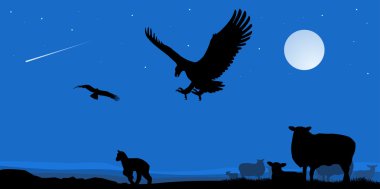 Eagle, bird, predator, raptor, hunt, sheep, lamb, night, landscape, blue, silhouette, outline, illustration, black, isolated clipart