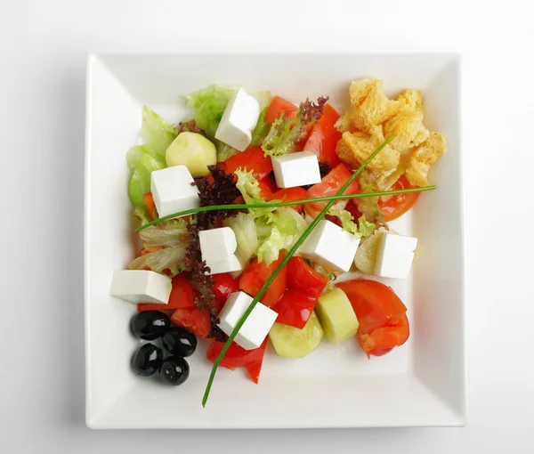 Feta Salade Met Tomaten Zwarte Olijven Van Bovenaf — Stockfoto