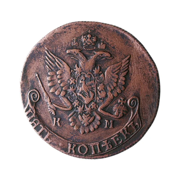 Monedă Roșie Veche Izolată Alb Cupru Copecks Din 1783 — Fotografie, imagine de stoc