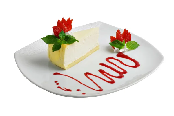 Strawberry Cheesecake Geïsoleerd Wit — Stockfoto