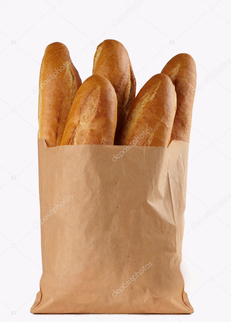 loaf of white bread, packaged in a paper bag on white background