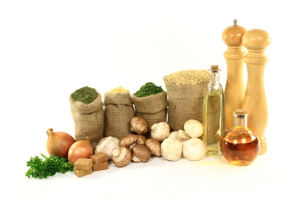 Still Life Picture Products Ingredients Seasonings Cooking Mushrooms Brown Rice — Stock Photo, Image