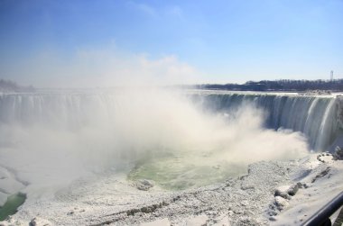 Kanadalı bölümüyle niagara Eğimli yüzey üzerinde niagara Nehri Şelaleleri, niagara Nehri üzerinde su sis ve kar köprü göze çarpan bulut.