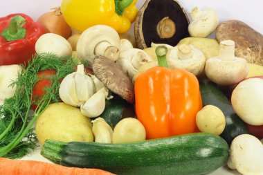 Bunch of Vegetables, Zucchini, Mini Yellow Potatoes, Yellow Potatoes, Dill sprigs, Garlic, Jumbo white mushrooms, Portabello (Portobello, Portabella) mushrooms clipart