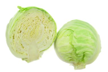 Picture of cut on two halfs a head of cabbage - cross section and surface over white. clipart