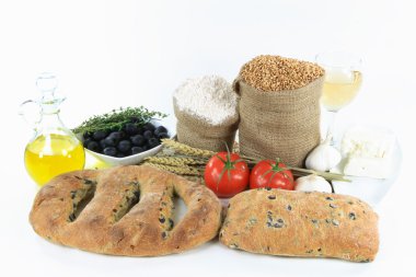 Loaf Mediterranean Ciabatta and Fougasse black olive breads, wheat ears, wheat kernel and whole wheat flour in burlap sacks, olives, oil, garlic, feta cheese an clipart