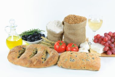 Loaf Mediterranean Ciabatta and Fougasse black olive breads, wheat ears, wheat kernel and whole wheat flour in burlap sacks, olives, oil, garlic, feta cheese, g clipart