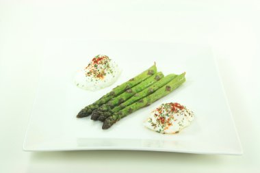 Pictured plate contains Baked Asparagus Spears seasoned with Olive oil, Sea salt, Ground Black Pepper and Poached Eggs seasoned with Paprika, Black Pepper and P clipart