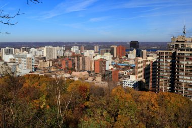 Aerial view of Hamilton Central, Ontario, Canada, with Lake Ontario on background and surrounding forest. Horizontal orientation. clipart