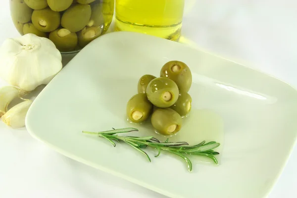 Still Life Picture Represent Green Stuffed Garlic Pickled Olives Jar — Stock Photo, Image