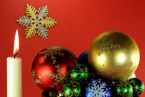 Burning Candle Coloured Balls Snow Flake Ornaments Traditional Christmas New — Stock Photo, Image