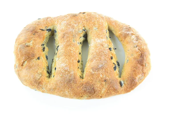 Středomořské fougasse černé olivový chléb. — Stock fotografie