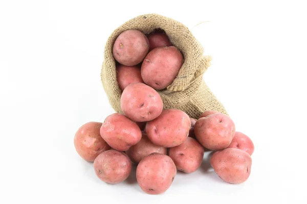 Pilha Saco Serapilheira Mini Batatas Vermelhas Quadro Vida Morta — Fotografia de Stock