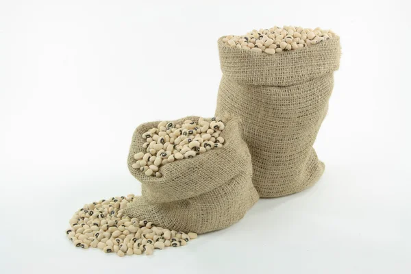 stock image Picture of raw (not cooked) Black Eyed Peas (beans) in burlap sacks and on pile over white background. Traditional New Year cooked with ham food.