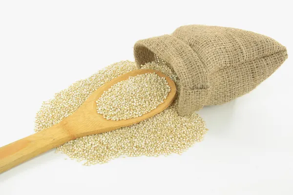 Obraz Przeniosły Się Juta Worek Drewniana Łyżka Nasion Quinoa Organicznych — Zdjęcie stockowe