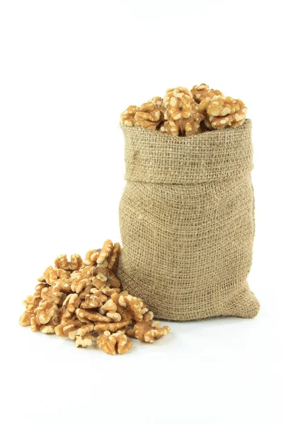 Still Picture Burlap Bag Full Walnuts Walnuts Pile White Background — Stock Photo, Image