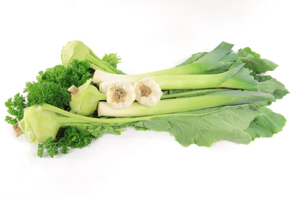 Natürmort Resim Green Yeşil Sarımsak Pırasa Organik Sebze Malzemeler Sarımsak — Stok fotoğraf