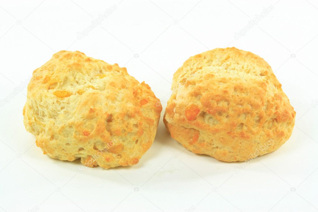 Close up still image of cheese tea biscuits over white background.