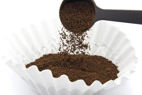 Pouring Ground Coffee Paper Filter Plastic Scoop — Stock Photo, Image