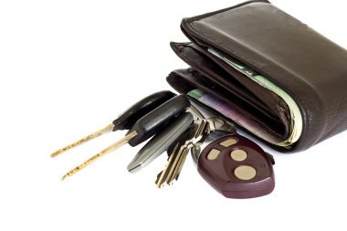 Keys and a thick leather wallet clipart