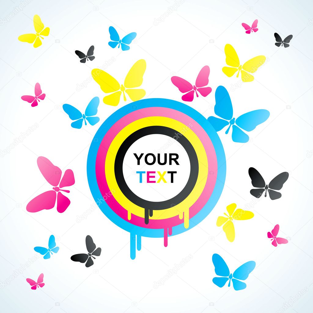 Colored CMYK circles and butterfly