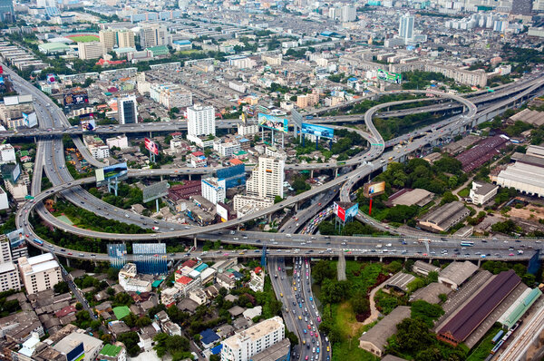 Aerial view on highway overpass in Bangkok, Thailand.