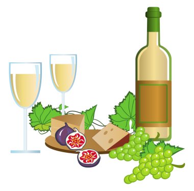 İllustration with wine and fruits on white background