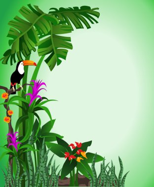 Green background illustration of tropical forest with flowers and a toucan clipart