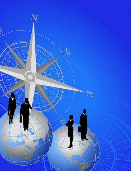 Abstrakter Hintergrund Mit Kompass Ikone Und Geschäftsleuten Auf Weltkugeln — Stockvektor