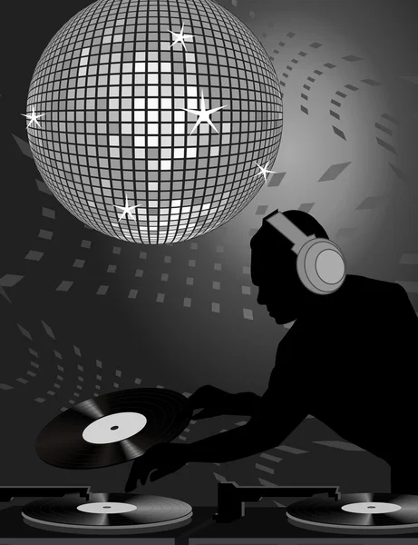 Silhouette Playing Records Shining Disco Ball — Stock Vector