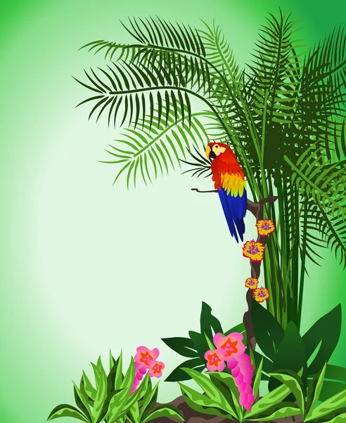 花とオウムと熱帯林の緑の背景イラスト — ストックベクタ
