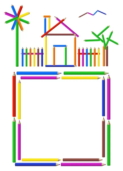Ilustración Una Casa Jardín Marco Hecho Lápices Color — Vector de stock