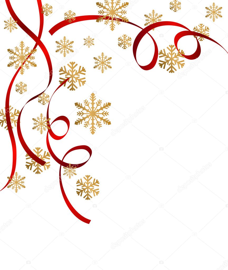 Christmas background with snow flakes and ribbons