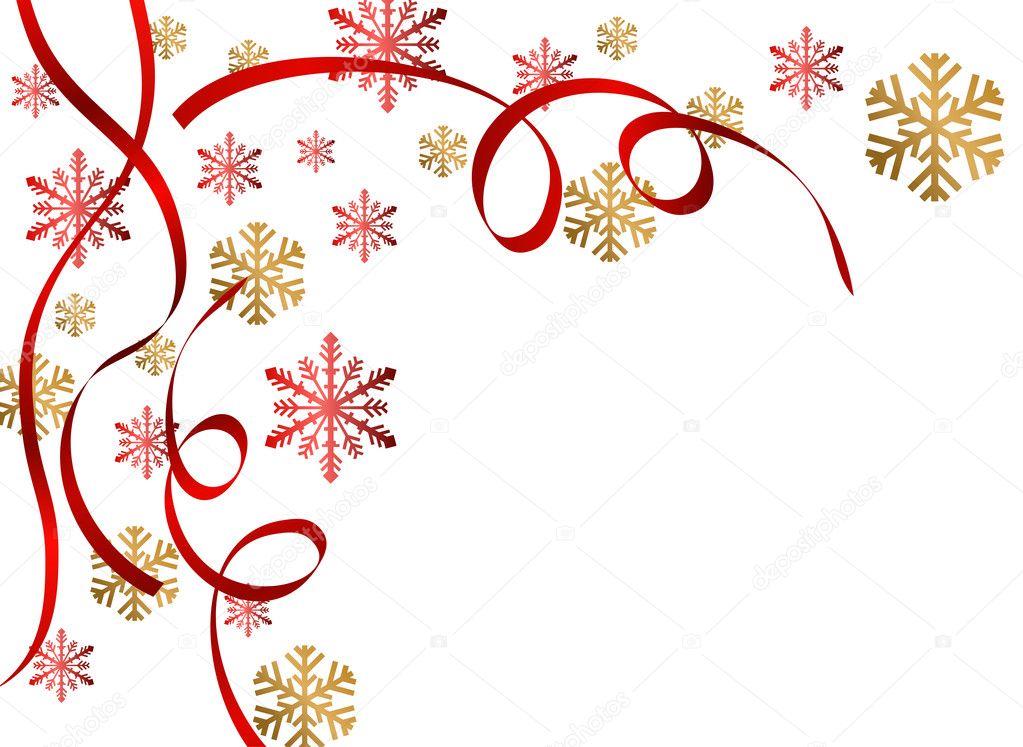 Christmas background with snow flakes and ribbons