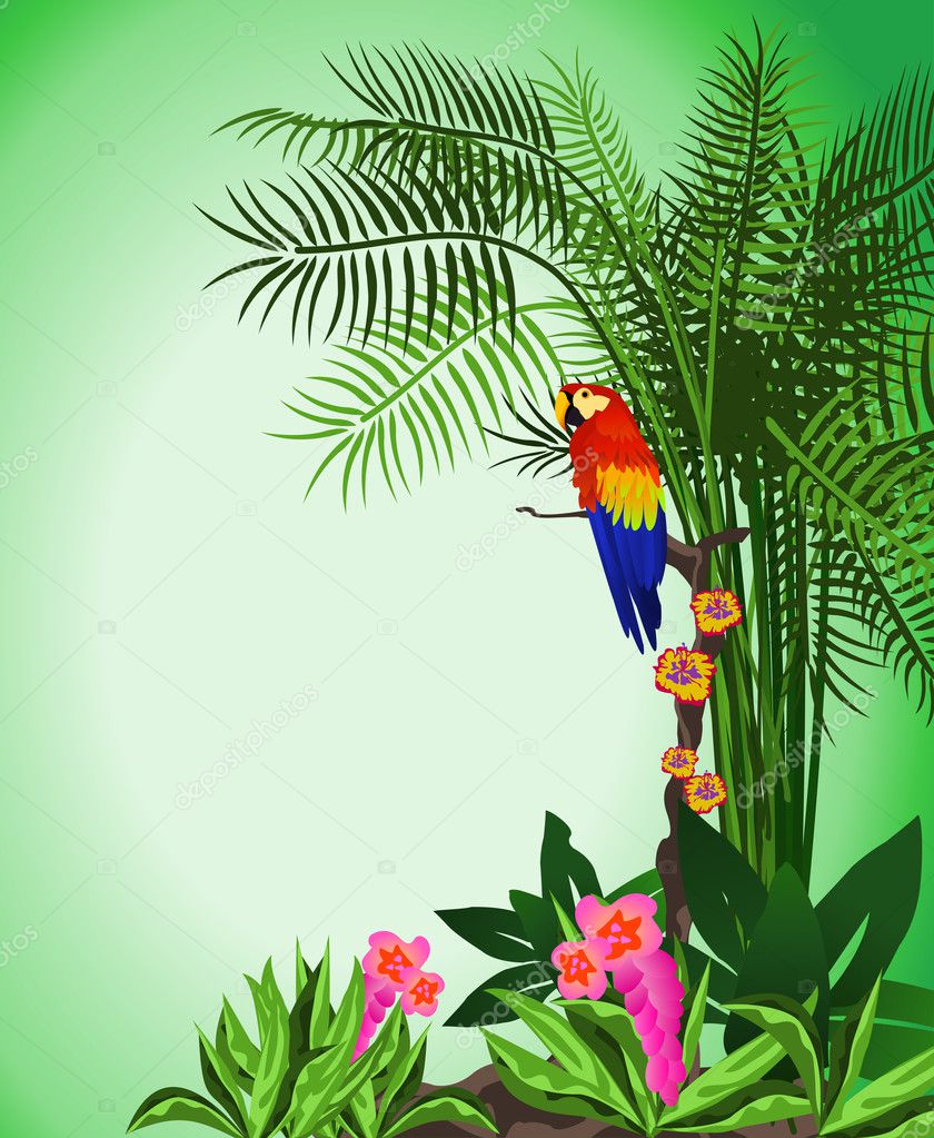 Green background illustration of tropical forest with flowers and a parrot