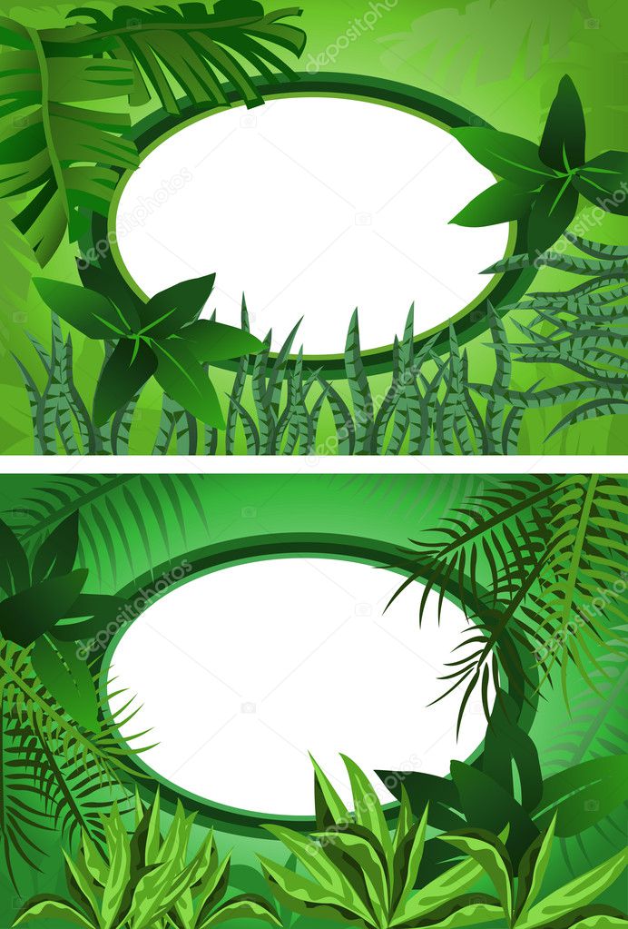 Two background illustrations of tropical forest with frame for text