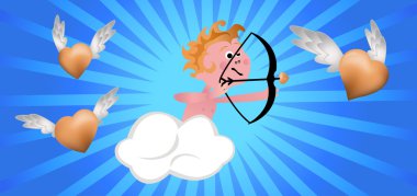 Cupid Shooting Hearts behind the clouds on abstract background clipart