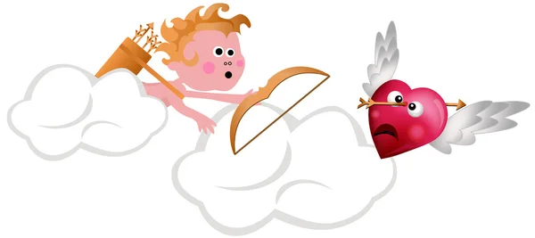 Cupidon Tirer Sur Coeur Isolé Sur Fond Blanc — Image vectorielle