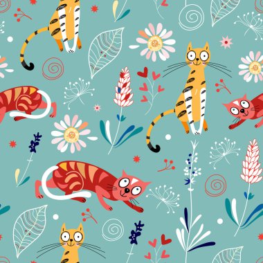 Seamless pattern of cheerful cats natural cold background clipart