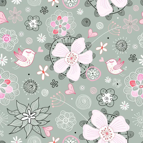 无缝模式的鲜花和带有灰色背景的爱情鸟 — 图库矢量图片